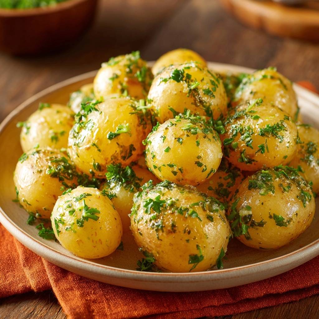 Petersilienkartoffeln Serviert Auf Dem Teller 1 Petersilienkartoffeln, serviert auf einem beigen Teller, werden mit frischer Petersilie garniert und sind ein köstliches Gericht.