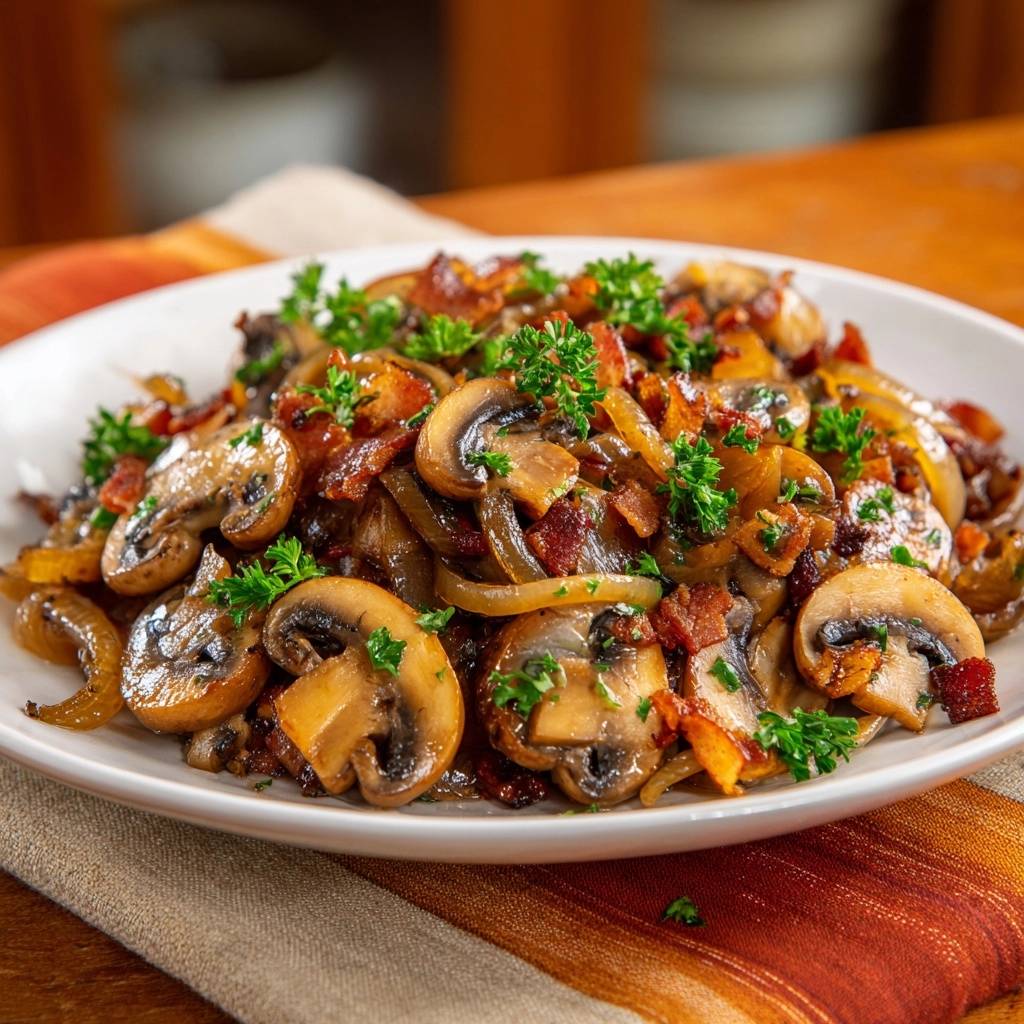 Pfannigebratene Champignons Mit Speck Und Zwiebeln Serviert 1 Pfannigebratene Champignons mit Speck und Zwiebeln, serviert auf einem weißen Teller, garniert mit frischer Petersilie und knusprigem Speck.