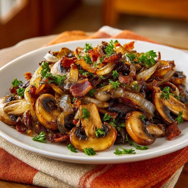 Pfannigebratene Champignons mit Speck und Zwiebeln, serviert auf einem weißen Teller, garniert mit frischer Petersilie und knusprigem Speck.