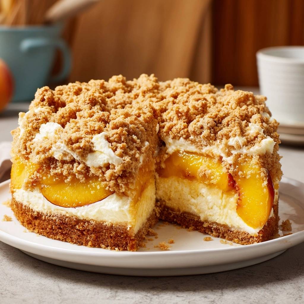 Pfirsich-Quark-Streuseltorte mit Anschnitt zeigt die saftigen Pfirsichstücke, die cremige Quarkfüllung und den knusprigen Streuseltopping.