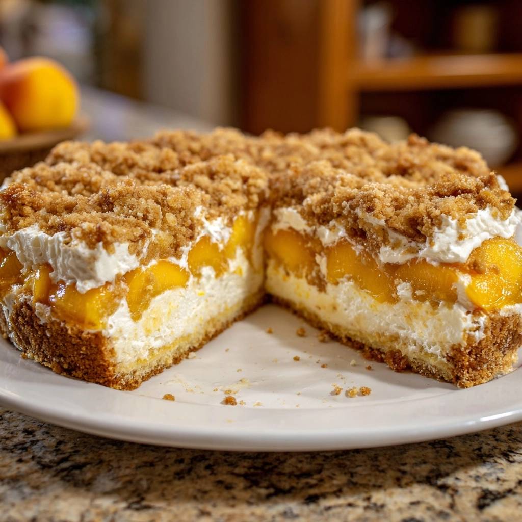 Pfirsich-Quark-Streuseltorte mit einem detaillierten Querschnitt, der die cremige Füllung und die saftigen Pfirsichstücke zeigt.