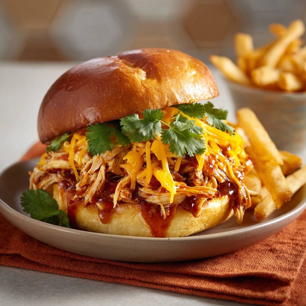 Pulled Chicken BBQ-Burger mit Cheddar, serviert auf einem Teller mit Pommes Frites, garniert mit frischem Koriander. Das saftige BBQ-Huhn quillt aus dem Brötchen.