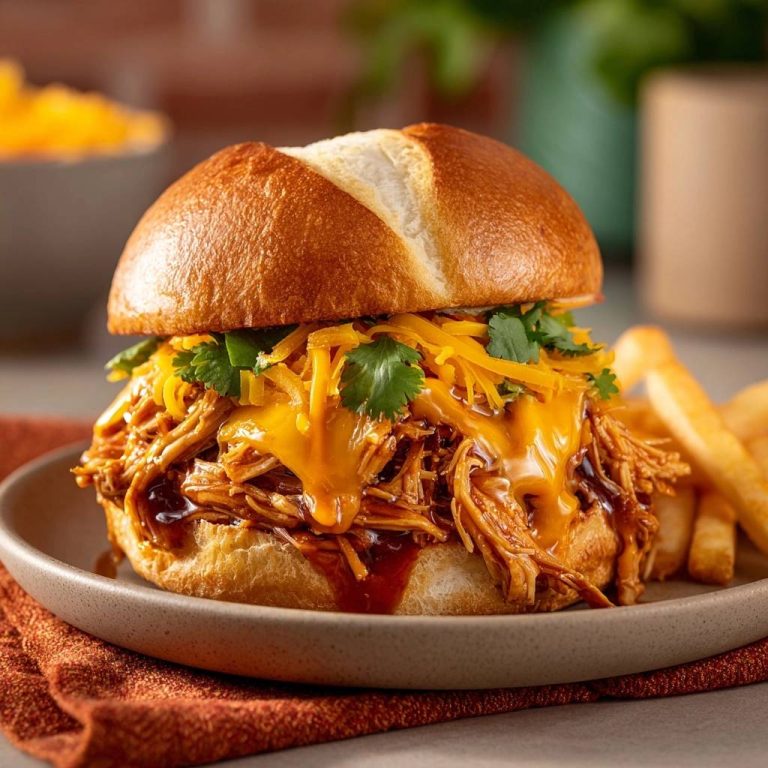 Pulled Chicken BBQ-Burger mit Cheddar serviert auf einem rustikalen Teller, mit geschmolzenem Käse und frischen Kräutern garniert.