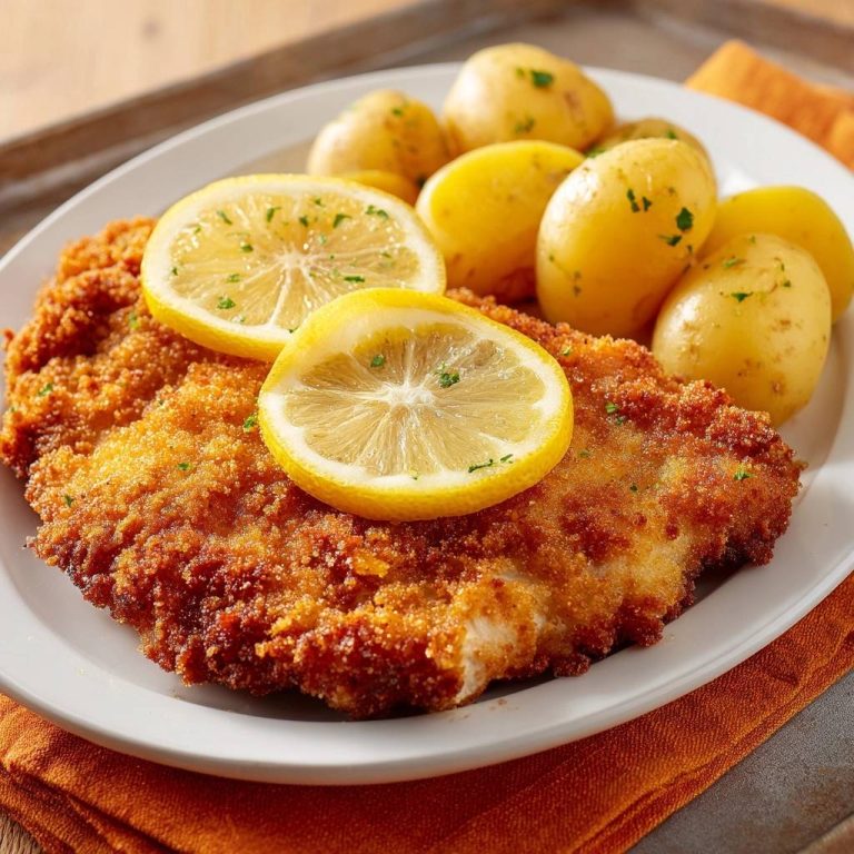 Goldbraunes Putenschnitzel mit Petersilienkartoffeln in einer Draufsicht, garniert mit Zitronenscheiben und serviert mit kleinen, gelben Kartoffeln.