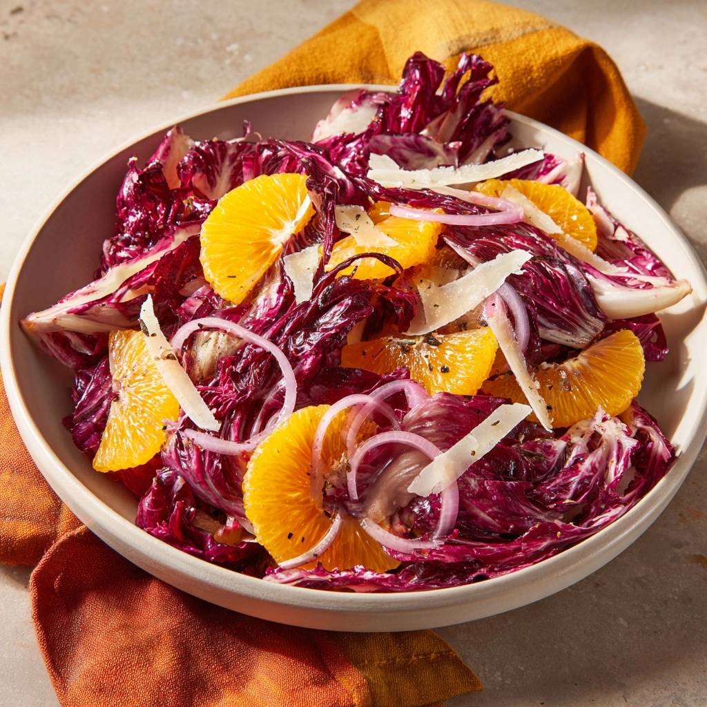 Radicchio-Orangen-Salat mit Parmesan in einer Schüssel aus der Vogelperspektive. Der Salat mit Orangen, Radicchio und Parmesan ist angerichtet.