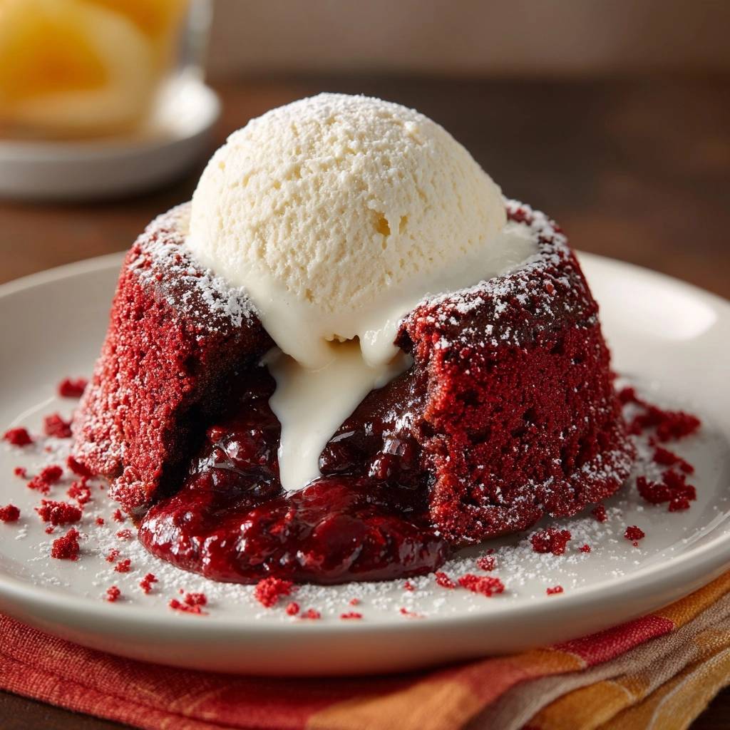 Red Velvet Lava Cake mit flüssigem Kern, serviert mit einer Kugel Vanilleeis auf einem Teller. Der warme Kuchen ist angeschnitten.