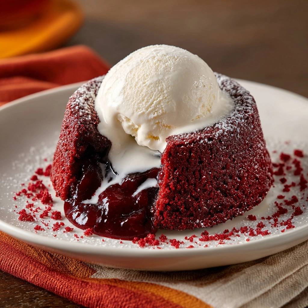 Red Velvet Lava Cake mit flüssigem Kern, serviert mit einer Kugel Vanilleeis, die auf einem Teller angerichtet ist.