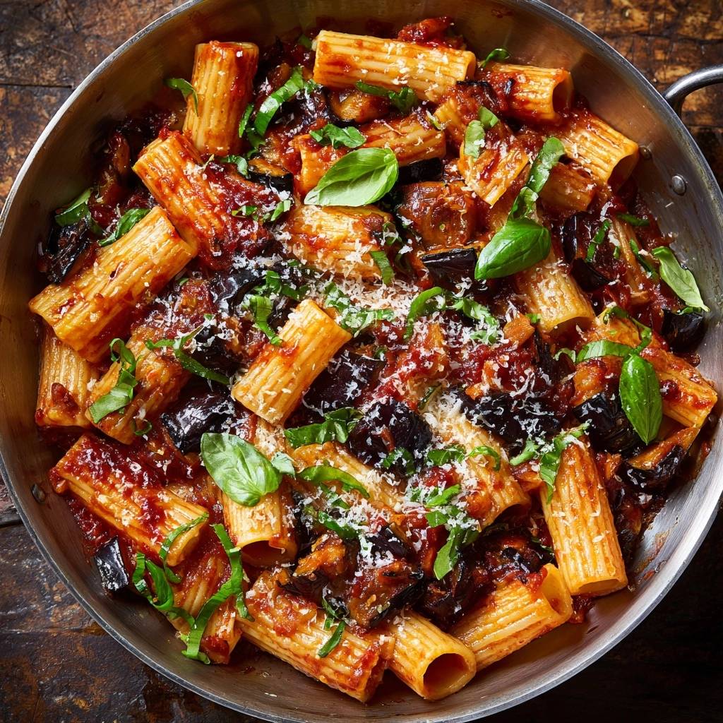 Rigatoni alla Norma, serviert in einer Pfanne, mit Auberginen, Tomatensauce, Basilikum und Parmesan. Ein köstliches italienisches Gericht.