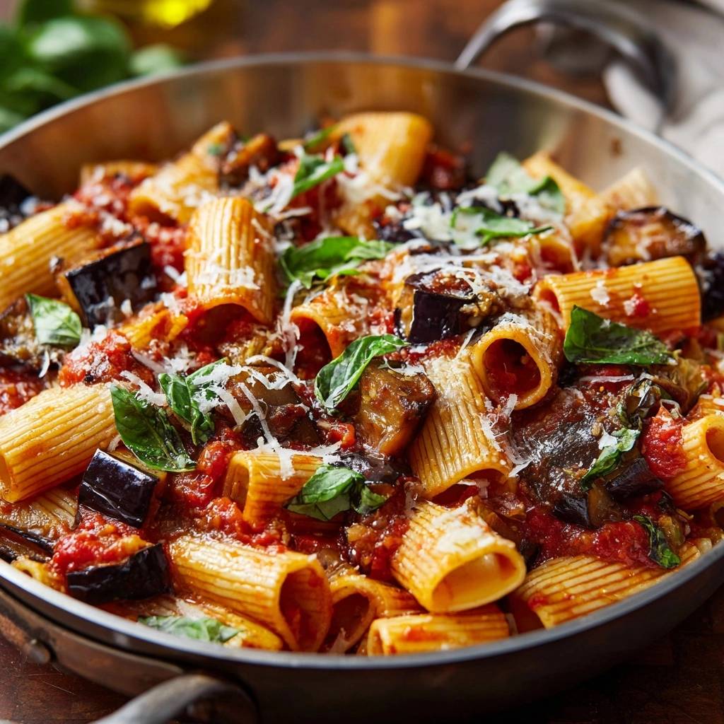 Rigatoni alla Norma, serviert in einer Pfanne, mit frischer Basilikum-Garnitur und geriebenem Käse bestreut. Das köstliche Gericht ist fertig zum Servieren.