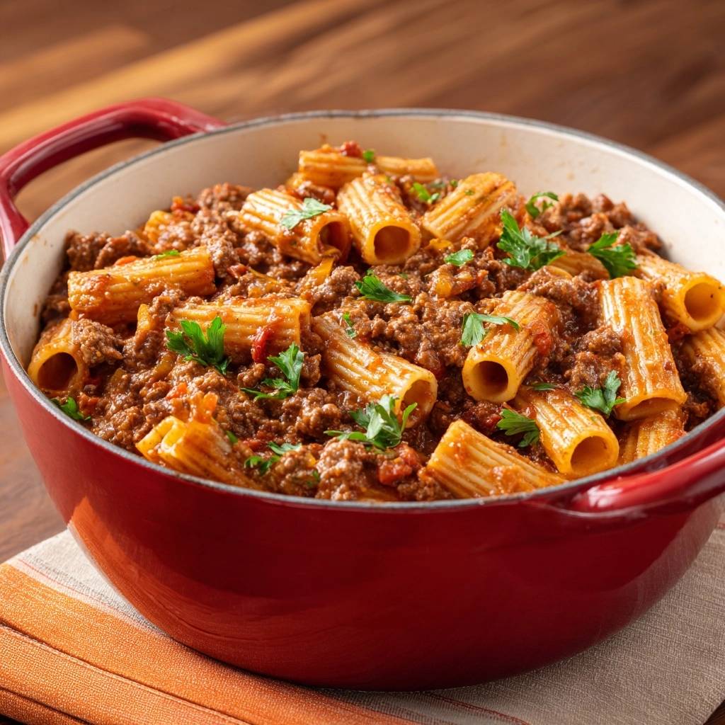 Rigatoni Bolognese mit reichhaltiger Fleischsauce, serviert in einem roten Topf, garniert mit frischer Petersilie und bereit zum Servieren.
