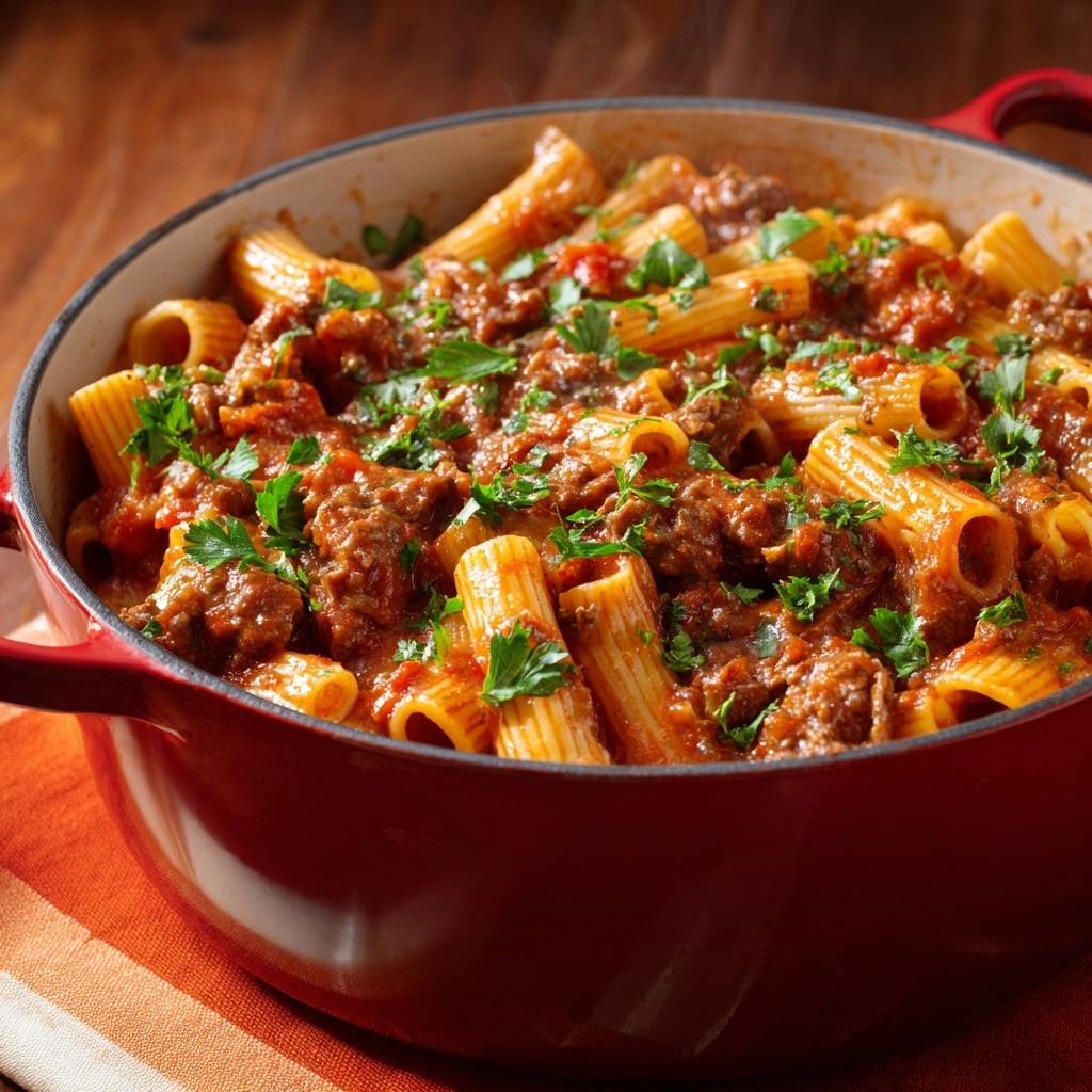 Rigatoni Bolognese mit Fleischsoße in einem roten Topf, garniert mit frischer Petersilie, aus nächster Nähe betrachtet.