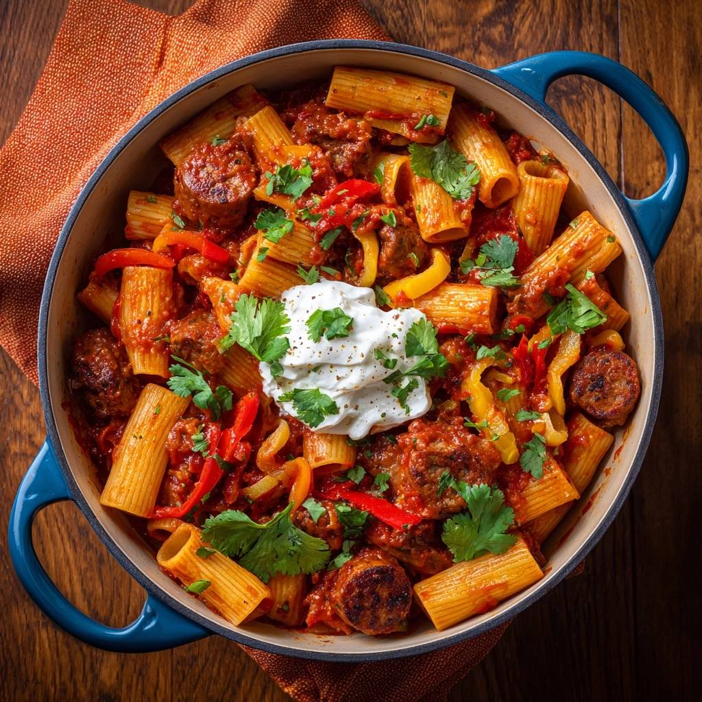 Rigatoni Pfanne Mit Wurst Und Paprika Draufsicht 1 Rigatoni-Pfanne mit Wurst und Paprika, serviert in einer blauen Pfanne, garniert mit frischer Petersilie und einem Klecks Crème fraîche.