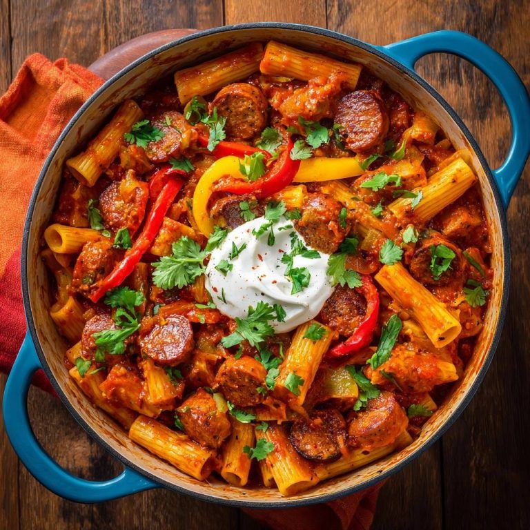 Rigatoni-Pfanne mit Wurst und Paprika, serviert in einer blauen Pfanne, von oben fotografiert, mit cremiger Sauce und frischen Kräutern garniert.
