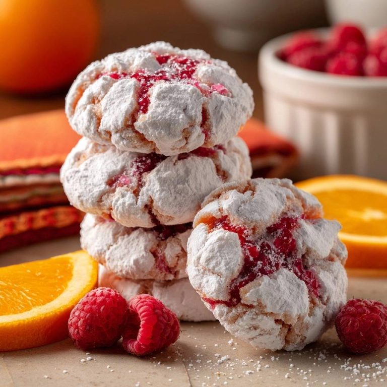 Rissige Himbeer-Orangen-Cookies in Nahaufnahme mit Puderzucker bestäubt, daneben frische Himbeeren und Orangenscheiben. Köstliche Kekse für jeden Anlass.