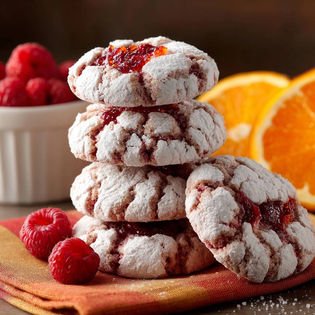 Rissige Himbeer Orangen Cookies Nahaufnahme Stapel 1 Rissige Himbeer-Orangen-Cookies in einer Nahaufnahme, gestapelt auf einem farbenfrohen Tuch, umgeben von frischen Himbeeren und Orangen.