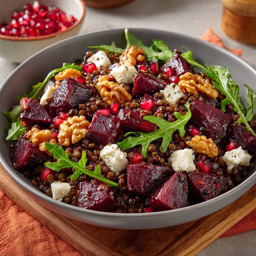 Rote Bete Linsen Salat Draufsicht Serviert 1 Rote-Bete-Linsen-Salat mit Feta, Walnüssen und Granatapfel in einer Schüssel, serviert mit frischem Rucola und einem Hauch von Granatapfelkernen.