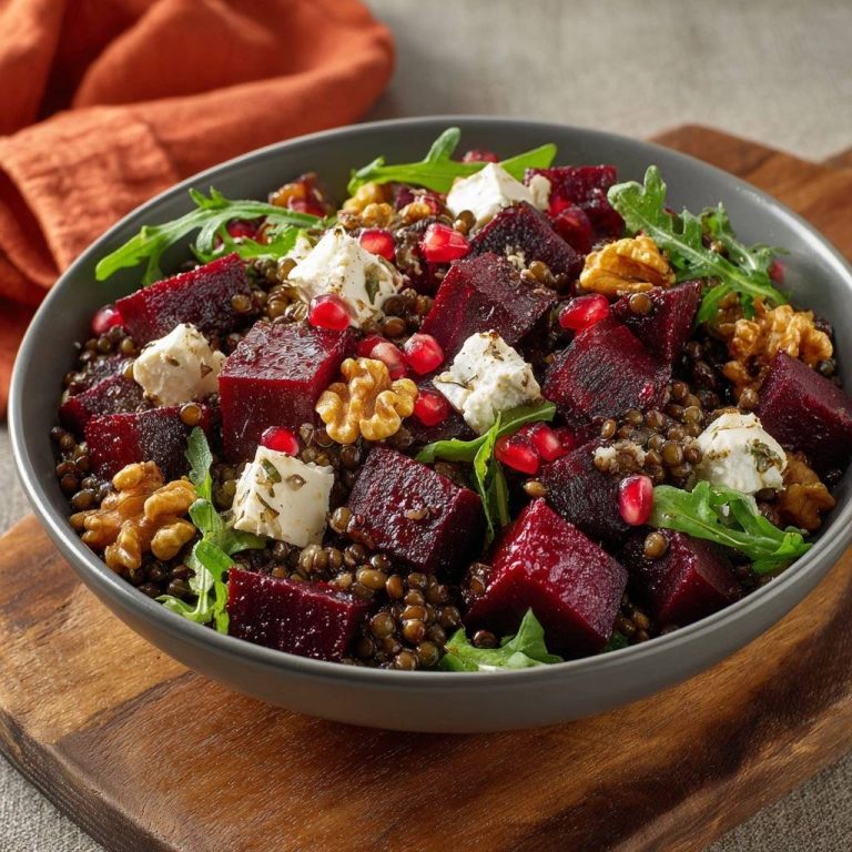 Rote-Bete-Linsen-Salat mit Feta, Walnüssen und Granatapfel in einer Schüssel, serviert aus der Vogelperspektive, appetitlich angerichtet.
