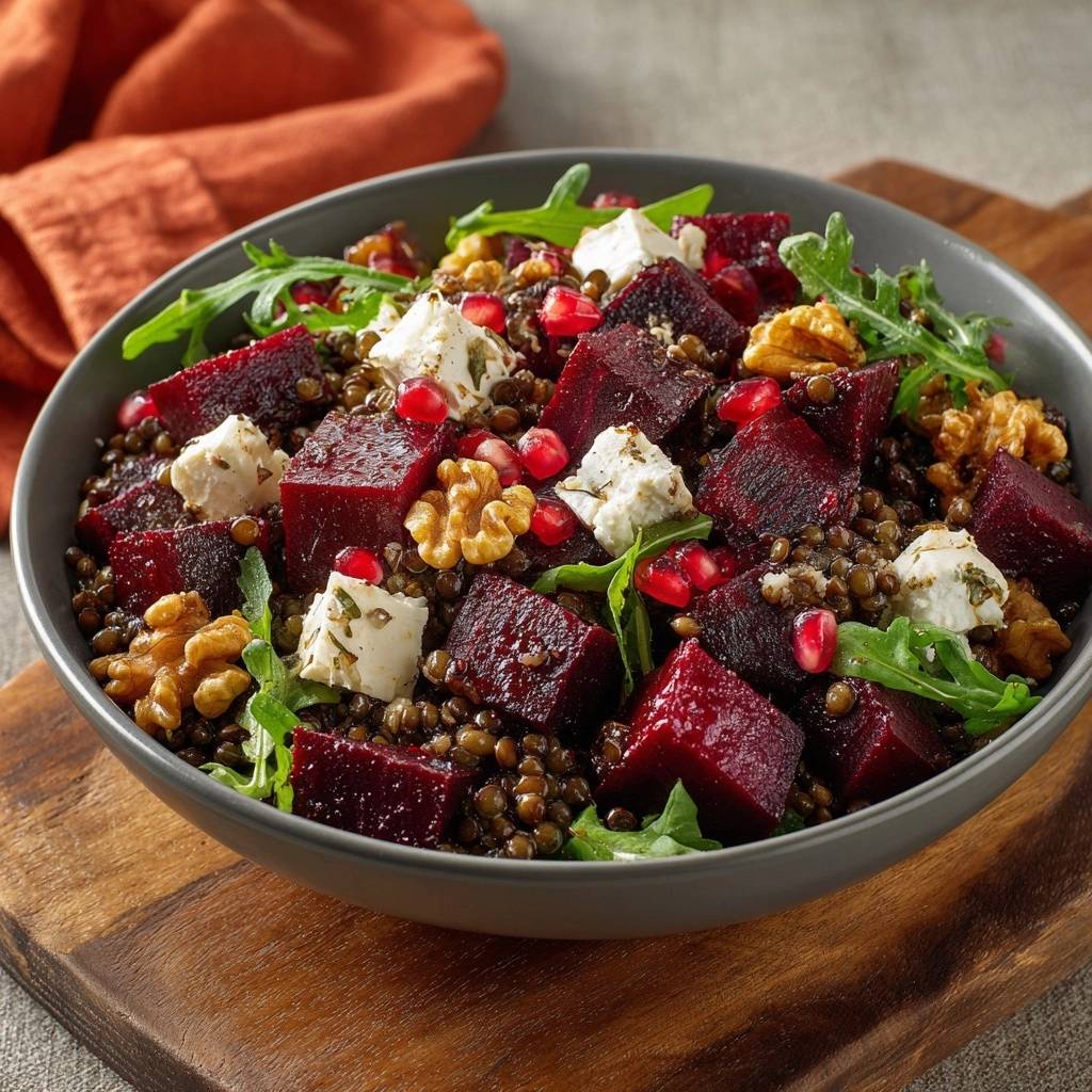 Rote-Bete-Linsen-Salat mit Feta, Walnüssen und Granatapfel in einer Schüssel, serviert aus der Vogelperspektive, appetitlich angerichtet.