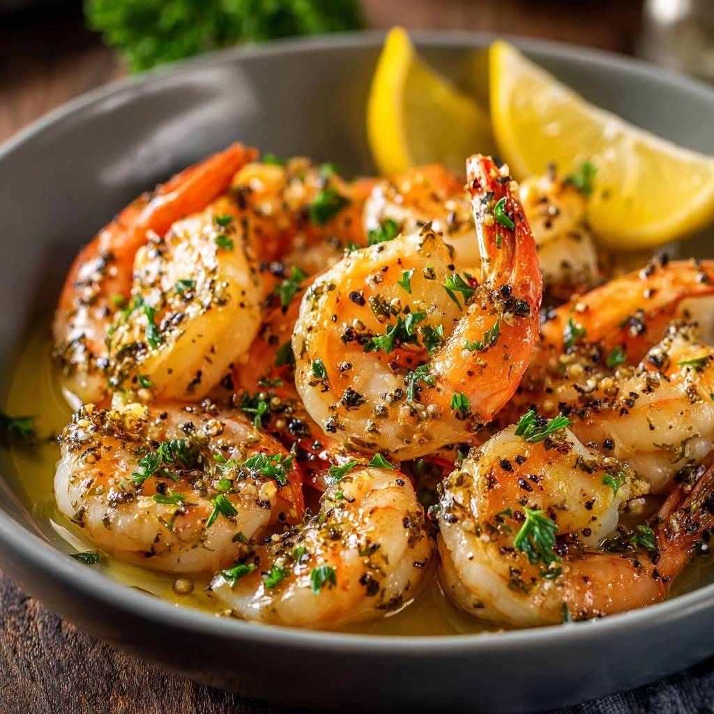 Saftige Knoblauch Garnelen Mit Petersilie Draufsicht 1 Saftige Knoblauch-Garnelen mit Petersilie in einer Schüssel, garniert mit frischer Petersilie und serviert mit Zitronenspalten.
