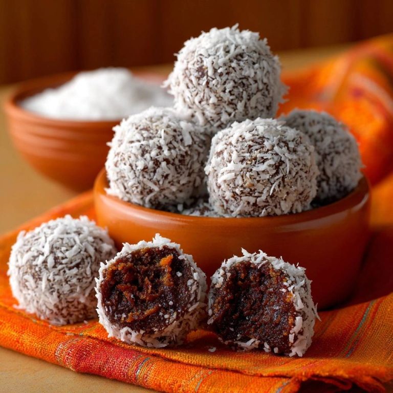 Saftige Kokos-Dattel-Karotten-Bällchen zeigen hier ihren saftigen Kern, umhüllt von einer Hülle aus Kokosraspeln.