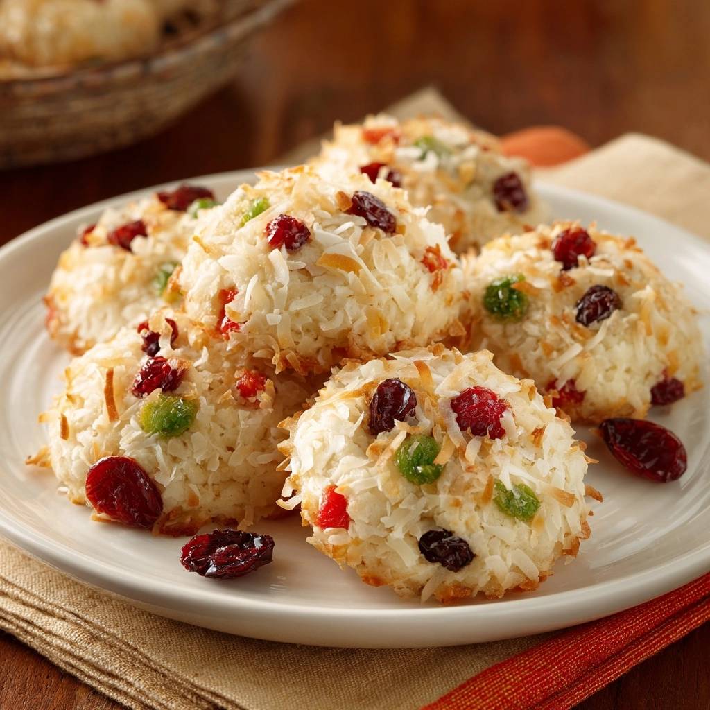 Saftige Kokosmakronen mit bunten Früchten serviert auf einem weißen Teller, dekoriert mit getrockneten Cranberries und kandierten Früchten.
