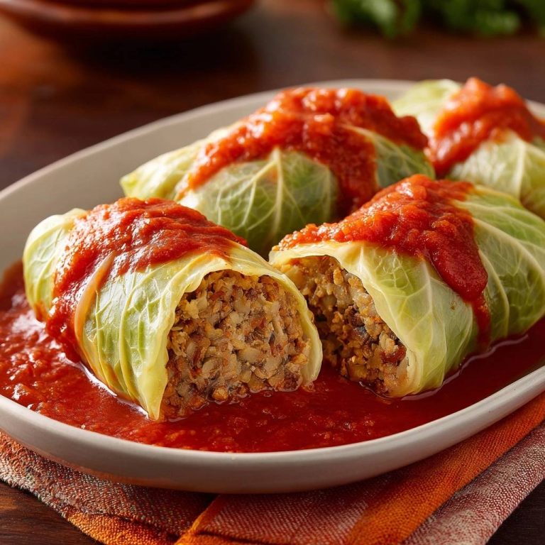 Saftige Krautwickel in Tomatensauce im Nahaufnahme mit angeschnittener Füllung, serviert in einer cremigen Tomatensauce.