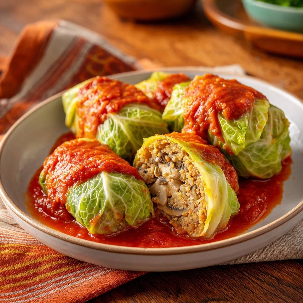 Saftige Krautwickel in Tomatensauce, mit einer detaillierten Nahaufnahme des Anschnitts, der das Innenleben zeigt.