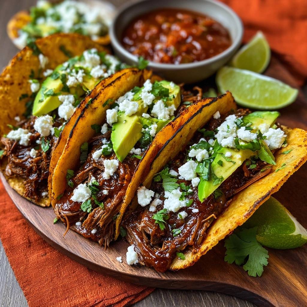 Saftige Pulled-Beef-Tacos, serviert auf einem rustikalen Holzbrett, mit frischen Avocados, Käse und Koriander garniert. Dazu Salsa und Limetten.