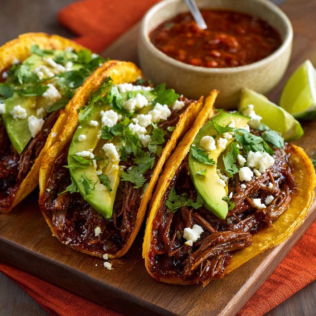 Saftige Pulled Beef Tacos Nahaufnahme 1 Saftige Pulled-Beef-Tacos in Nahaufnahme, garniert mit Avocado, frischem Koriander und Feta-Käse, serviert auf einem Holzbrett.