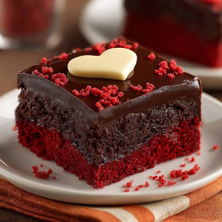 Saftige Red Velvet Schokoschnitten mit Schokoladenglasur, serviert auf einem Teller, zeigen einen köstlichen Querschnitt der Schichten.