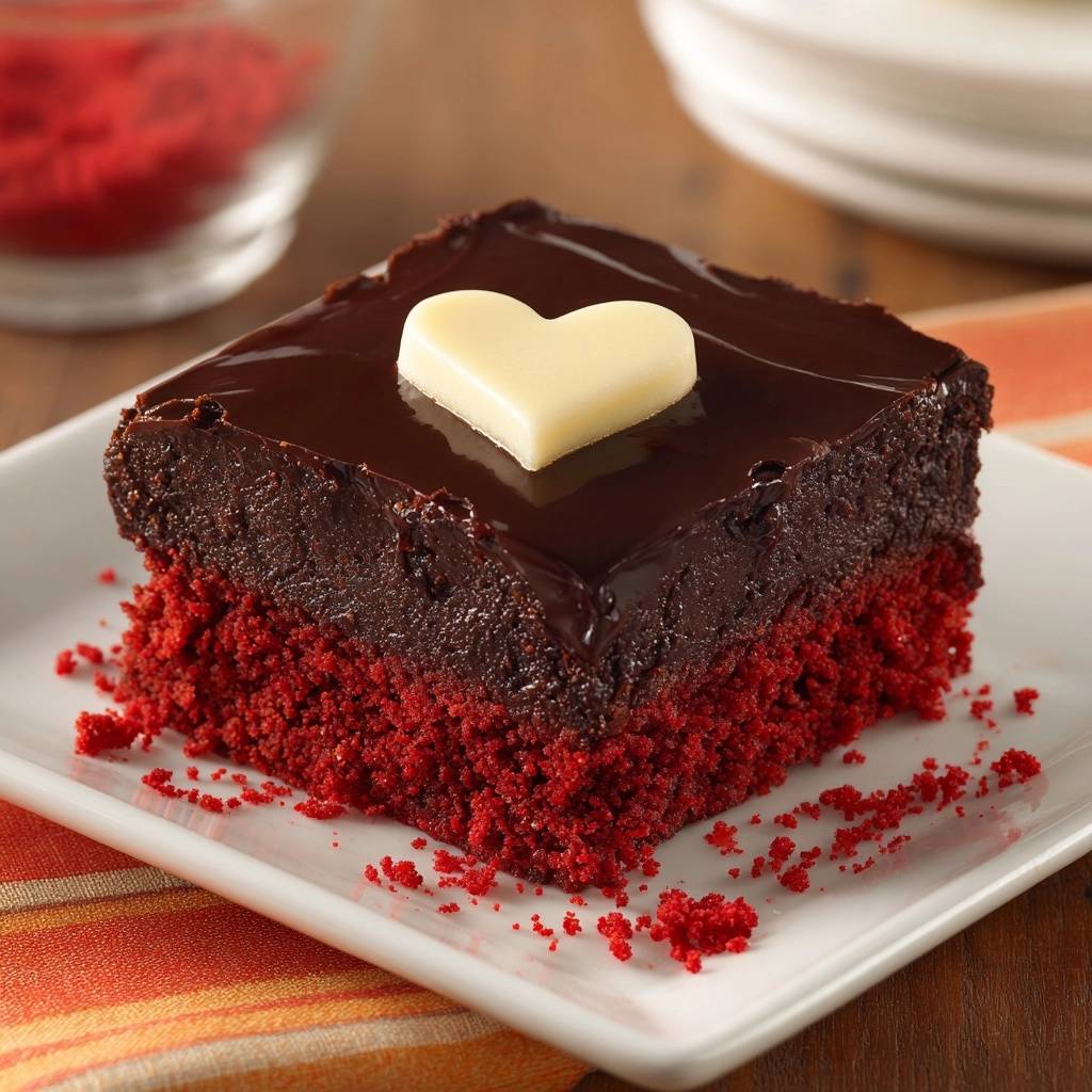 Saftige Red Velvet Schokoschnitten, serviert auf einem Teller, garniert mit einem weißen Herz, perfekt für einen besonderen Anlass.