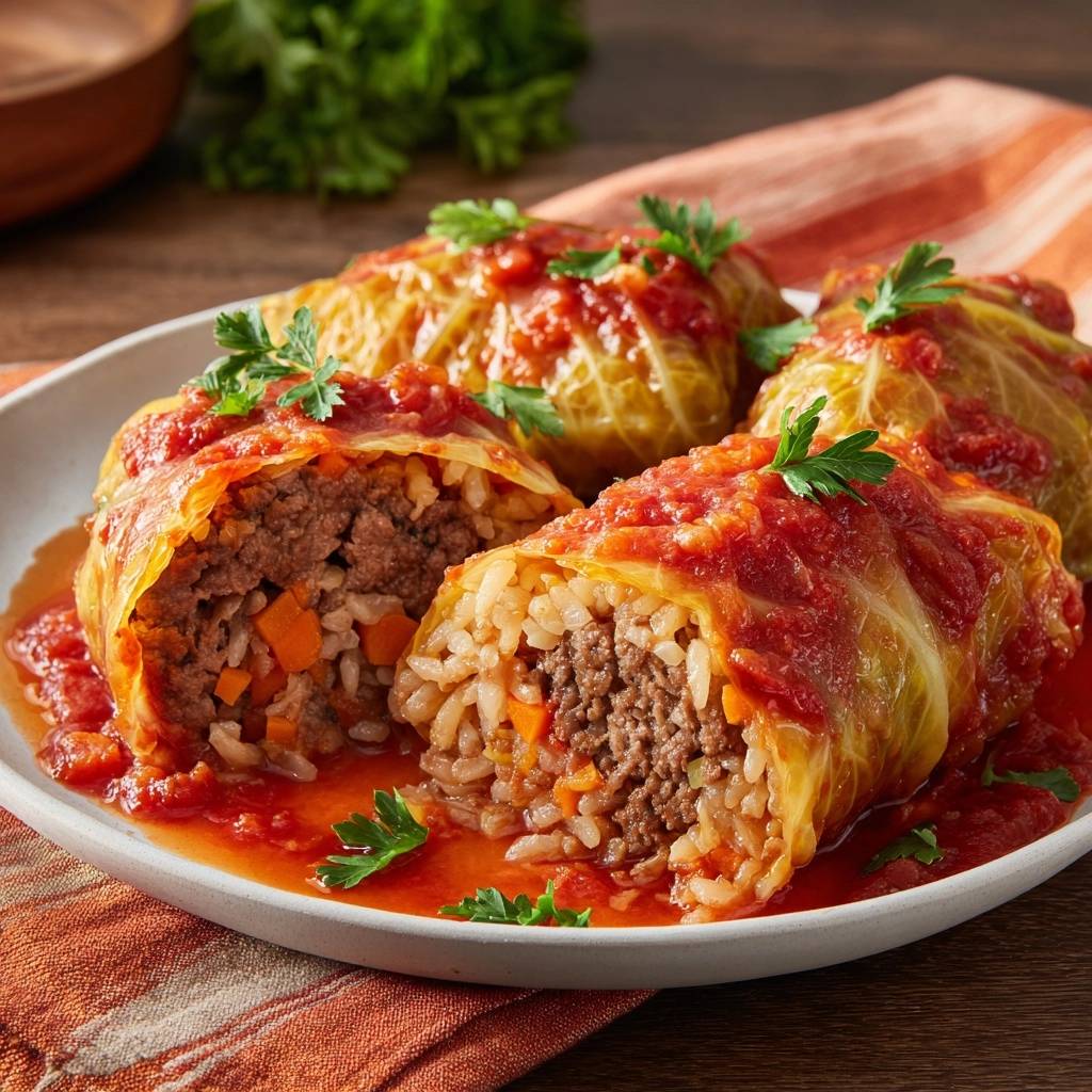 Saftige Rinder-Krautwickel in Tomatensauce, hier in einem Nahaufnahme-Querschnitt, der die fleischige Füllung und den Reis zeigt.