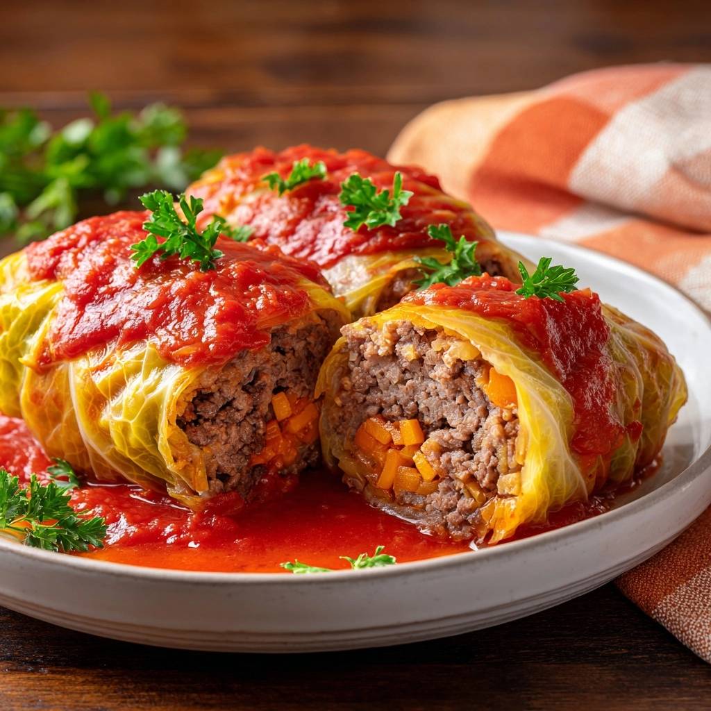 Saftige Rinder-Krautwickel in Tomatensauce im Querschnitt, der die fleischige Füllung mit Karotten zeigt, serviert.