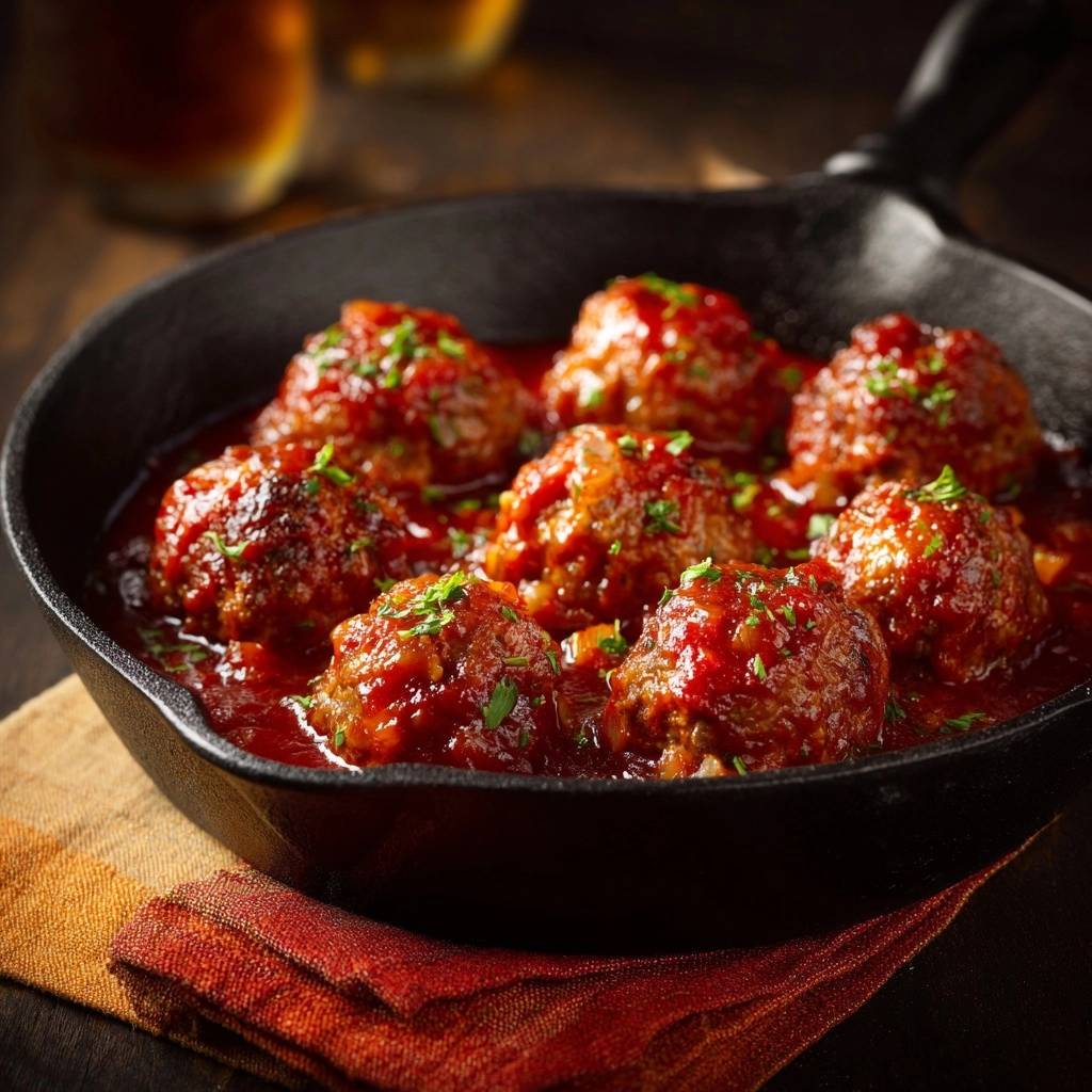 Saftige Rindfleisch Baellchen In Tomatenso E Serviert 1 Saftige Rindfleisch-Bällchen in Tomatensoße, serviert in einer gusseisernen Pfanne, mit frischen Kräutern garniert und bereit zum Genießen.