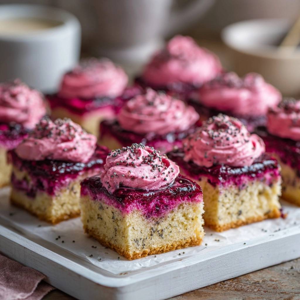 Saftige Zitronen Mohn Schnitten Nahaufnahme 1 Saftige Zitronen-Mohn-Schnitten in Nahaufnahme: Die saftigen Schnitten zeigen eine leckere Blaubeer-Kompott-Schicht und einen cremigen Topping-Häubchen.