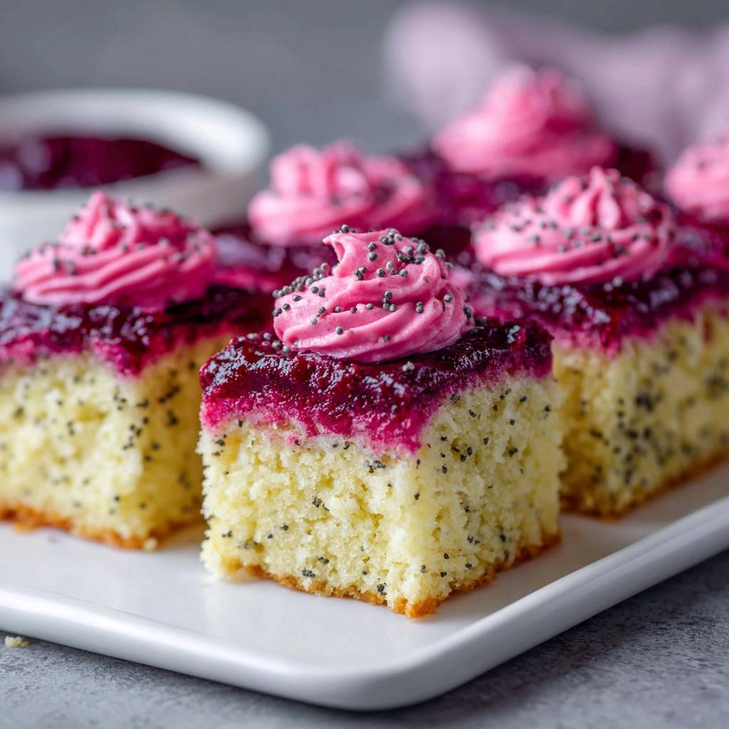 Saftige Zitronen-Mohn-Schnitten in Nahaufnahme: Diese Ansicht zeigt die hübschen rosa Toppings und die Textur des Kuchens.