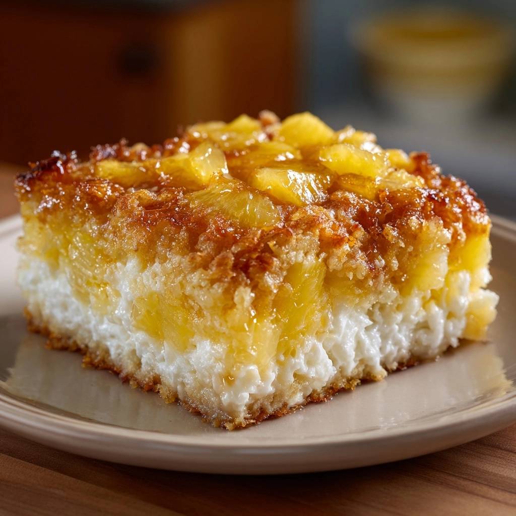 Saftiger Ananas Kokos Kuchen Querschnitt 1 Saftiger Ananas-Kokos-Kuchen mit einem verführerischen Querschnitt, der die saftigen Ananasstücke und die Kokos-Basis zeigt.