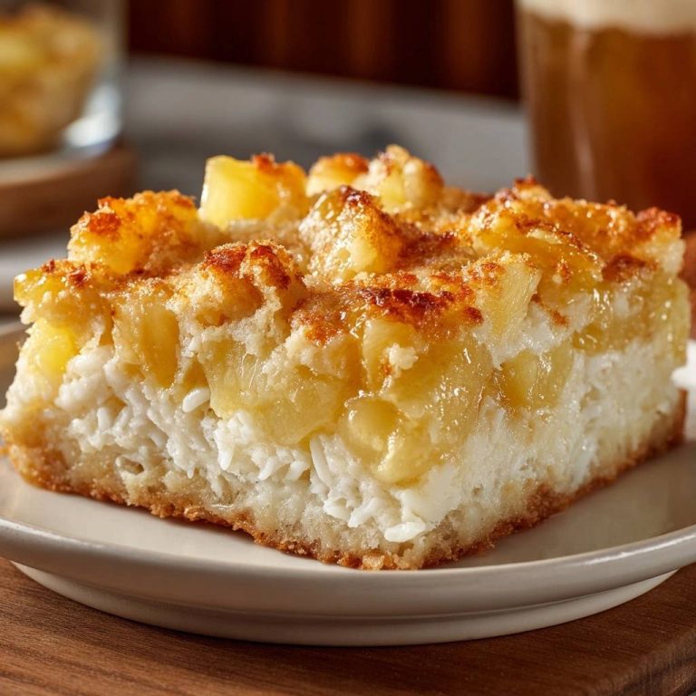 Saftiger Ananas-Kokos-Kuchen, zeigt einen verführerischen Querschnitt, der die saftigen Ananasstücke und die Kokos-Creme-Schicht offenbart.