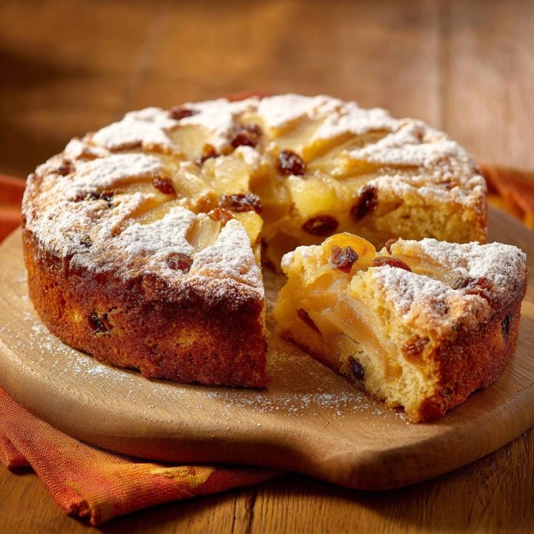 Saftiger Apfel-Rosinen-Kuchen mit Anschnitt, der die fruchtige Füllung und den lockeren Teig zeigt, serviert auf einem Holzbrett.
