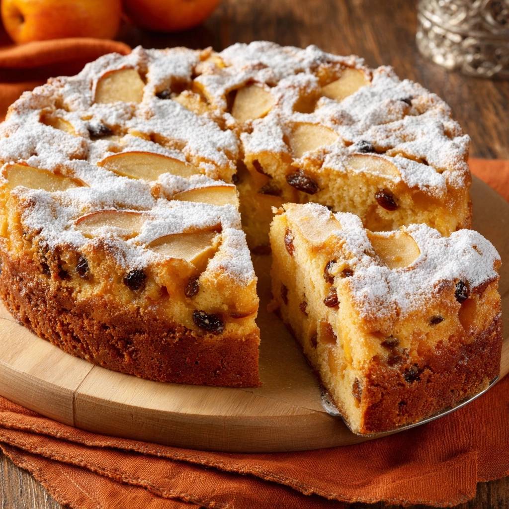 Saftiger Apfel Rosinen Kuchen Querschnitt Serviert 1 Saftiger Apfel-Rosinen-Kuchen, frisch angeschnitten und serviert, zeigt die saftige Textur und die Rosinen im Inneren des Kuchens.