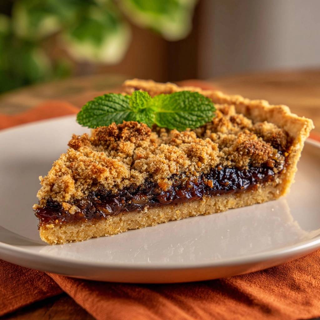 Saftiger Feigen Streuselkuchen Querschnitt Serviert 1 Saftiger Feigen-Streuselkuchen, serviert auf einem Teller. Dieser Anschnitt zeigt die verschiedenen Schichten und die knusprige Streusel.