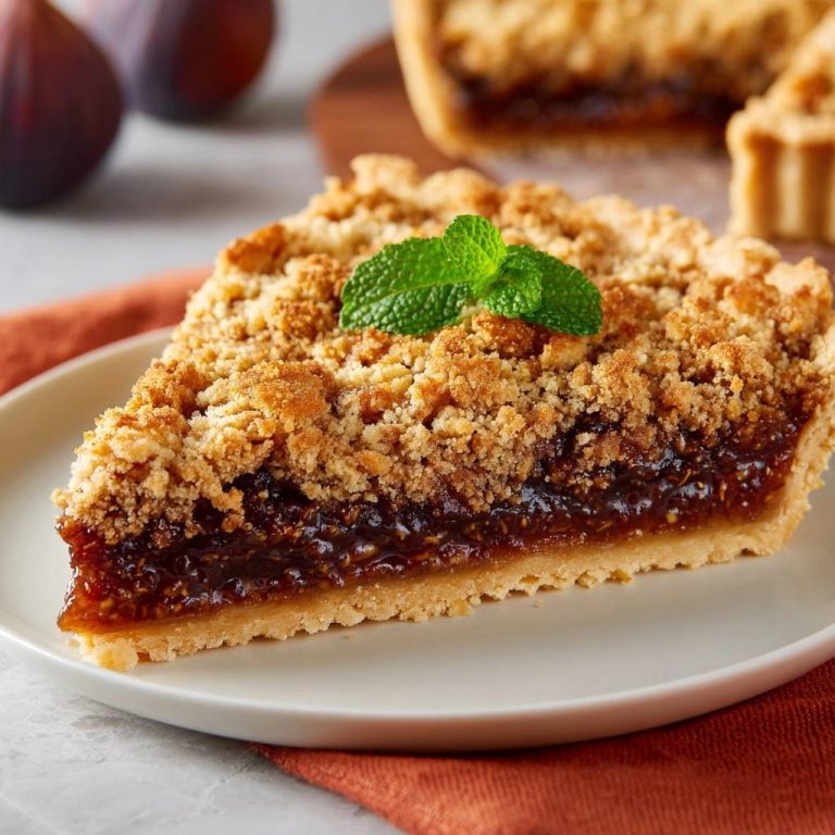 Saftiger Feigen-Streuselkuchen, serviert auf einem Teller, zeigt einen köstlichen Querschnitt mit fruchtiger Füllung und knusprigen Streuseln.