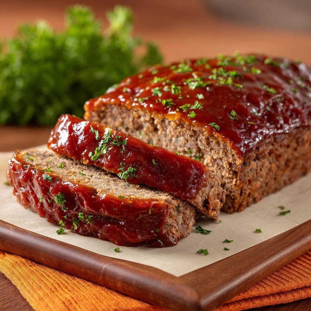 Saftiger Hackbraten Mit Bbq Glasur Querschnitt 1 Saftiger Hackbraten mit BBQ-Glasur, angeschnitten und mit frischer Petersilie garniert, zeigt die saftige Textur.