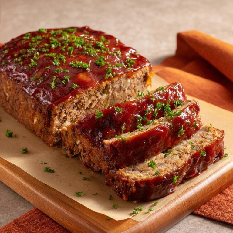 Saftiger Hackbraten mit BBQ-Glasur, angeschnitten und serviert auf einem Holzbrett. Die saftige Innenseite des Hackbratens ist deutlich sichtbar.