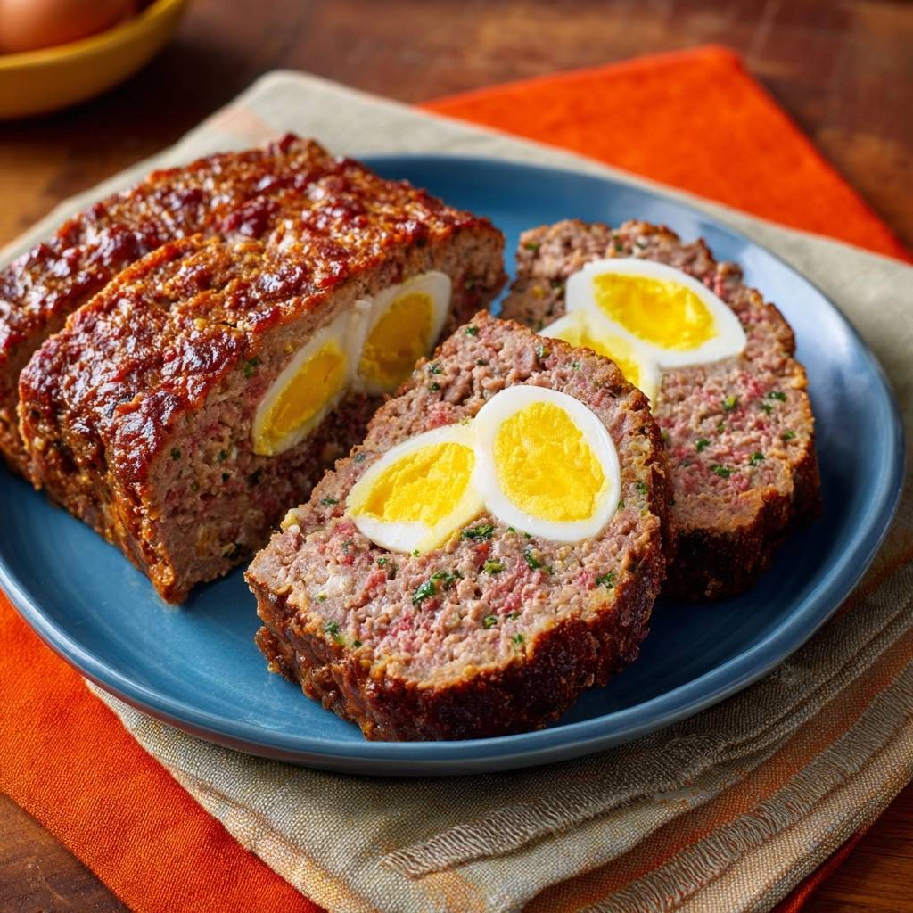 Saftiger Hackbraten Mit Ei Ueberraschung Querschnitt 1 Saftiger Hackbraten mit Ei-Überraschung zeigt einen köstlichen Anschnitt, der die Eier-Überraschung im Inneren des Fleischlaibs enthüllt.