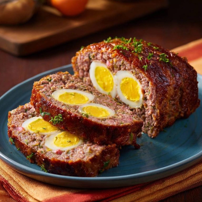 Saftiger Hackbraten mit Ei-Überraschung zeigt einen köstlichen Querschnitt, der die perfekt gekochten Eier im Inneren offenbart.