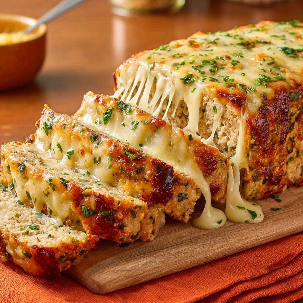 Saftiger Käse-Hackbraten: Ein Nahaufnahme-Querschnitt zeigt geschmolzenen Käse, der aus frisch geschnittenen Scheiben fließt.
