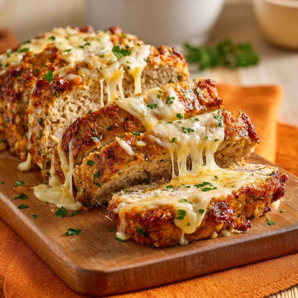 Saftiger Käse-Hackbraten mit geschmolzenem Käse, der aus dem Anschnitt herausläuft. Eine Nahaufnahme des saftigen Hackbratens auf einem Holzbrett.