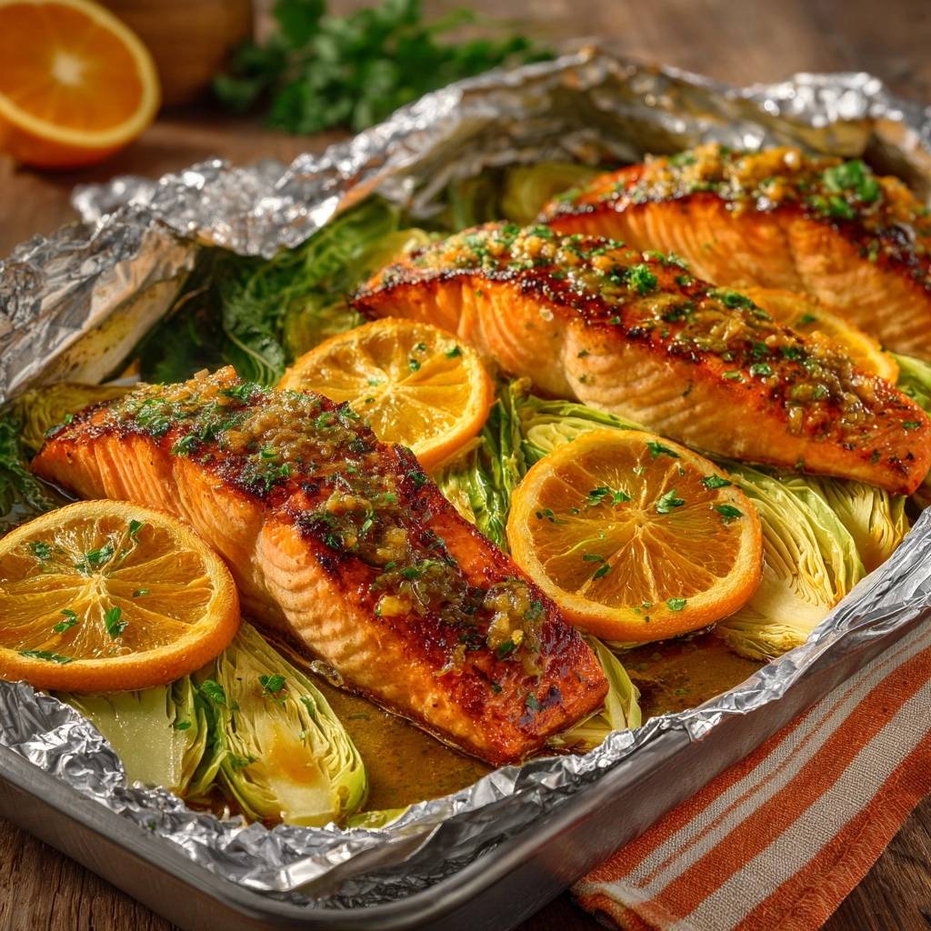 Saftiger Orangen-Lachs aus der Folie in einer Auflaufform, mit Orangen garniert und von oben fotografiert. Die Lachsfilets sind goldbraun gebraten.