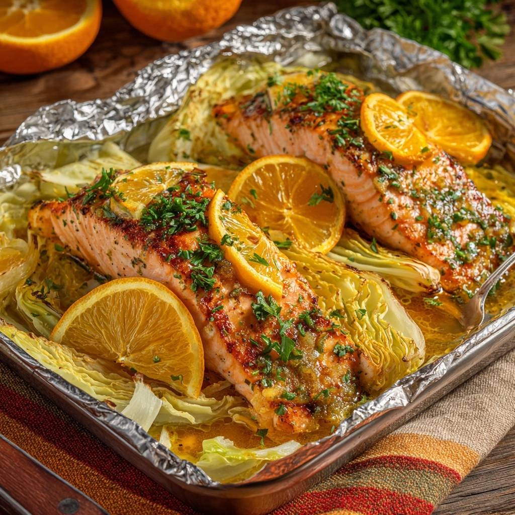 Saftiger Orangen-Lachs aus der Folie in einer Auflaufform, serviert mit Orangenscheiben und frischen Kräutern, von oben betrachtet.